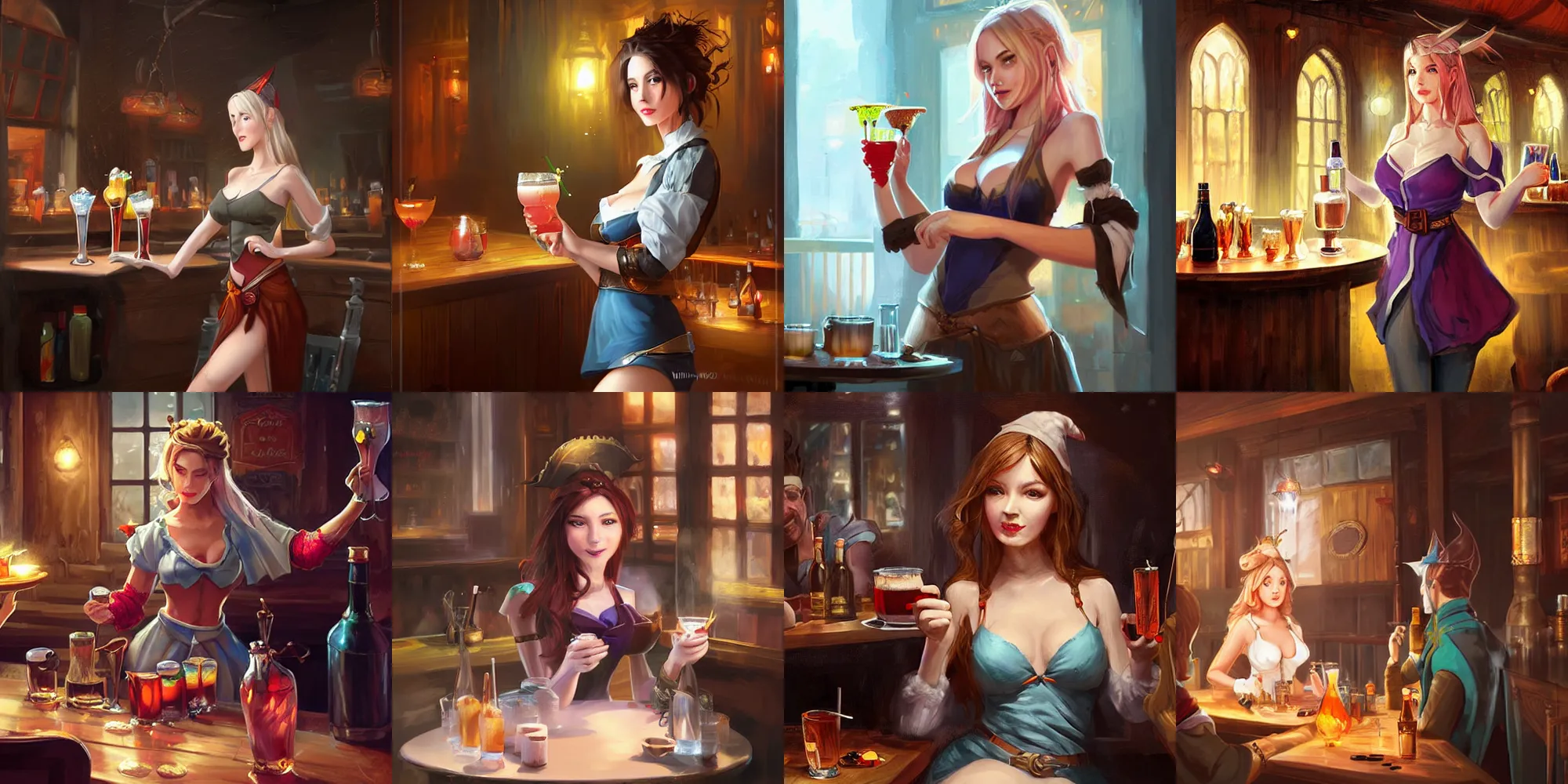 Prompt: A waitress sorceress in a fantasy tavern serves drinks to customers, digital painting by WLOP.