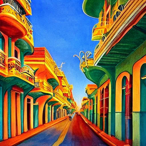 Prompt: art nouveau painting of streets of Havana, Cuba, colorful, beautiful, diverse, golden hour
