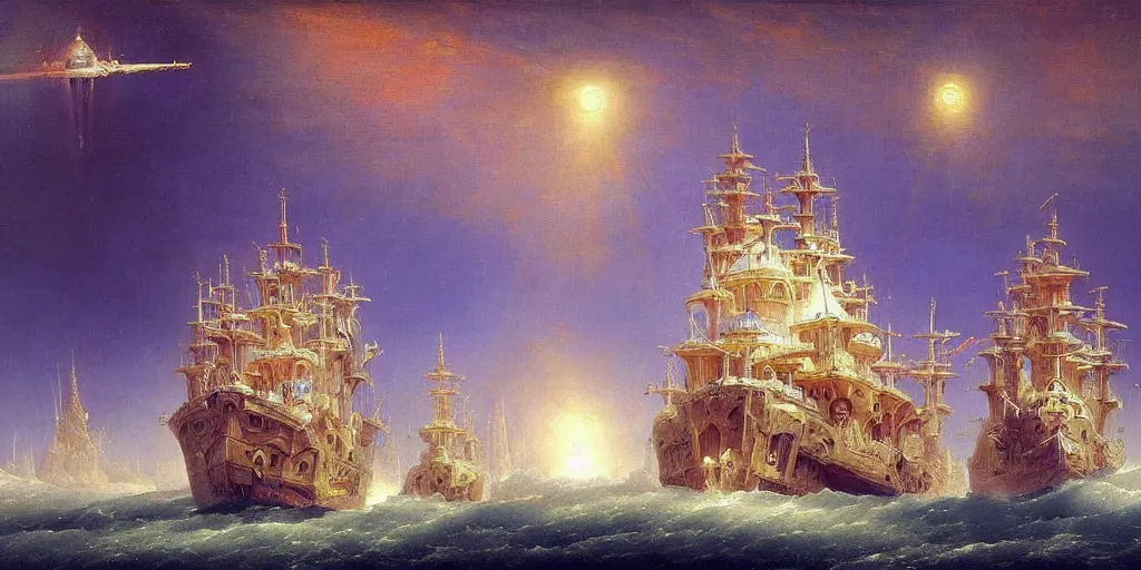 Prompt: a epic painting of glorian type spaceship, warhammer 4 0 k, intricate details, divine, by aivazovsky and botticelli