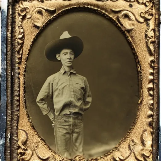 Image similar to alien standing next to cowboy, tintype photograph