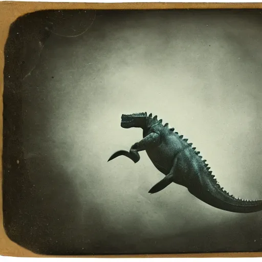 Prompt: tintype photo, underwater, dinosaur swimming