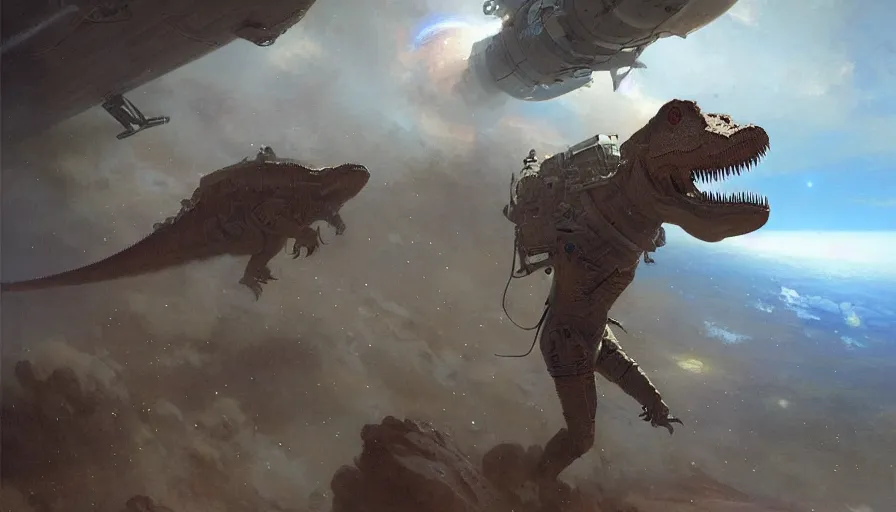 Prompt: tyrannosaurus dressed as an astronaut preparing to fly into space, illustrated by Greg Rutkowski and Gaston Bussiere, 8k