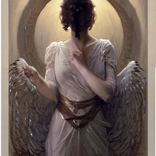 Image similar to a pair of glowing silver eyes shining in the darkness belonging to a mysterious young girl who's silhouette is hardly visible in the darkness. by jc leyendecker. gaston bussiere