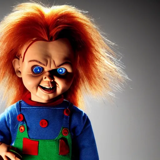 Image similar to Chucky the killer doll from the movie Child's Play being held by Mr. Rogers 8k hdr