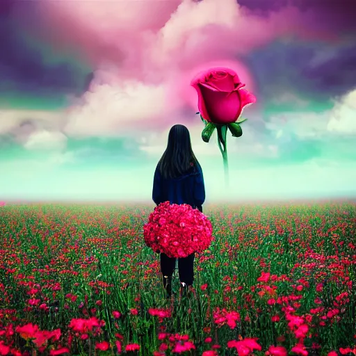 Image similar to woman with a rose flower face standing in flower field, surreal photography, sunrise, colorful clouds, artstation, simon stalenhag