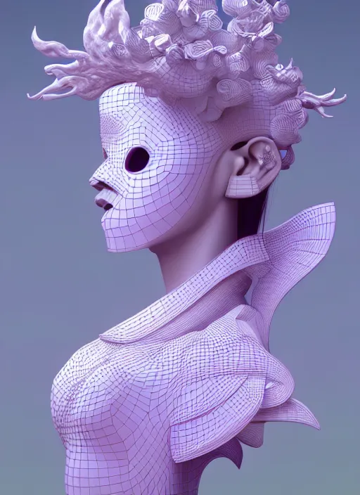 Image similar to 3 d goddess medium shot profile portrait. beautiful intricate highly detailed korean gumiho mask and traditional korean hanbok. stingray, magpie, bio luminescent, plasma, lava, ice, water, wind, creature, purple fog, artwork by tooth wu and wlop and beeple and greg rutkowski, trending on artstation,