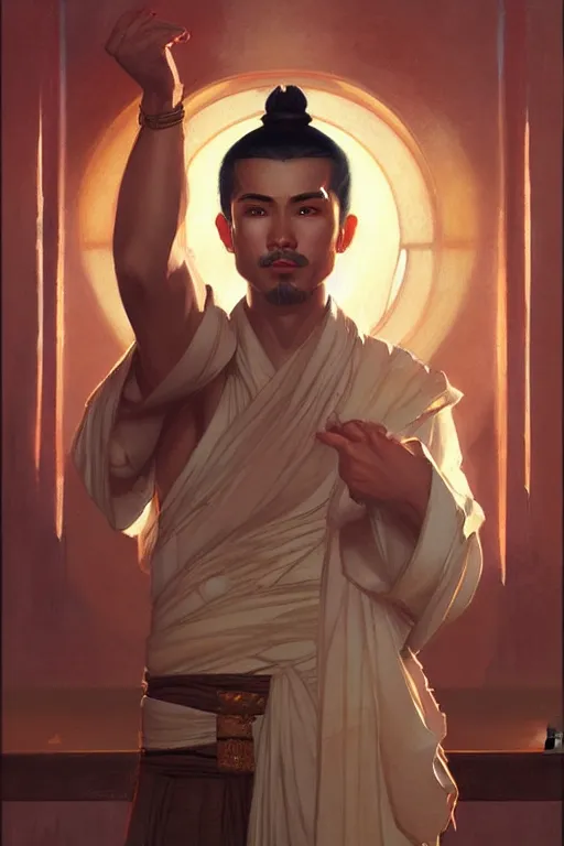 Image similar to male, temple, taoism, lotus, painting by greg rutkowski, j. c. leyendecker, artgerm