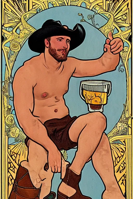 Prompt: a beautiful tarot! card of a handsome shirtless cowboy wearing cowboy hat and boots with a chunky build and beer belly next to a campfire, homoerotic!, chaps, art deco!, art nouveau, by Walter Crane, by Mark Maggiori, (by alphonse mucha), trending on artstation
