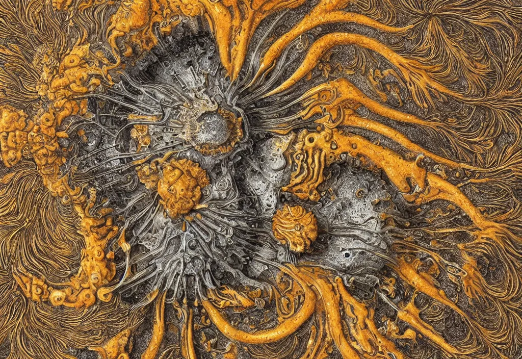 Image similar to helmet on the ground flourishes with orange big mold by ernst haeckel, digital art, 4k, trending on artstation, highly detailed