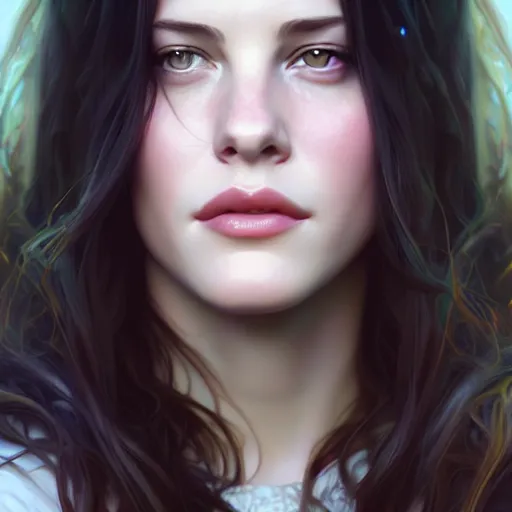 Image similar to beautiful digital painting of young liv tyler background with high detail, 8 k, stunning detail, photo by artgerm, greg rutkowski and alphonse mucha, unreal engine 5, 4 k uhd