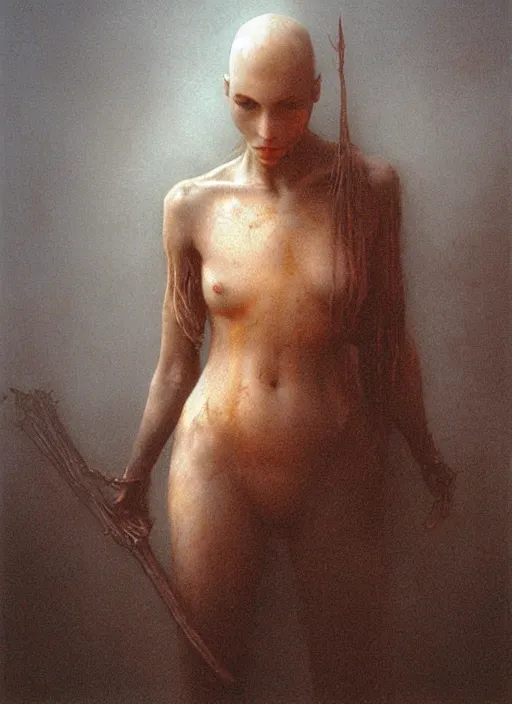 Image similar to bald barbarian teen girl by Beksinski