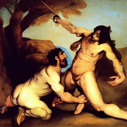 Image similar to Cain vs Abel by francisco goya, mythological painting, oil painting