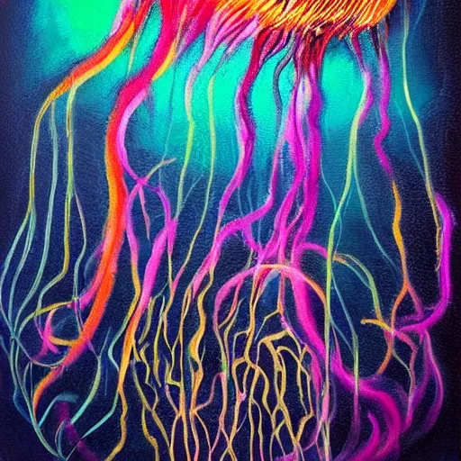 Prompt: hyperrealistic intensely colored studio photograph portrait of a deep sea psychedelic bioluminescent jellyfish deep underwater in darkness long exposure, award - winning nature deep sea expressionistic impasto heavy brushstrokes oil painting by fabian marcaccio and jean dubuffet and audubon vivid colors hyperrealism 8 k