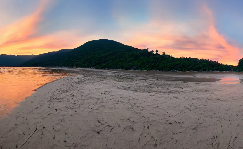 Prompt: a panoramic picture of agawa beach, sunset