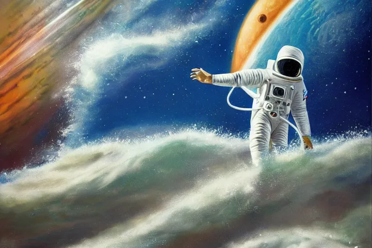 Image similar to an astronaut surfing waves in Jupiter ocean, beautiful, national geographic, very detailed, astrophotography, oil painting, canvas, Sandra Pelser, Jeff Lyons, Edward Hopper