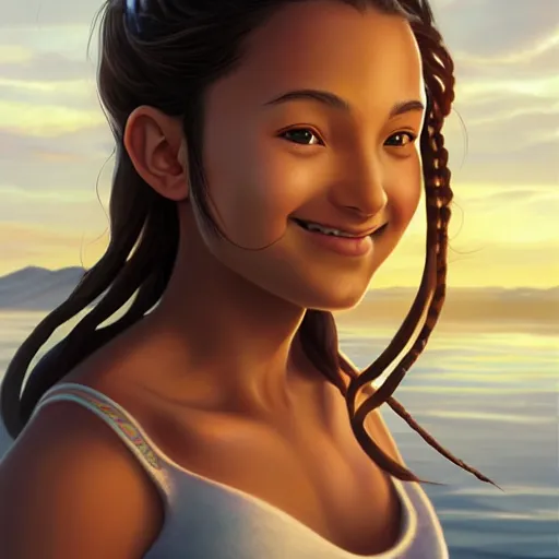 Prompt: beautiful serene intricate portrait of katara from the water tribe as a young woman, smiling softly, relaxing on the beach, golden hour, soft focus, 8 k, art by irakli nadar, hyperrealism, hyperdetailed, ultra realistic