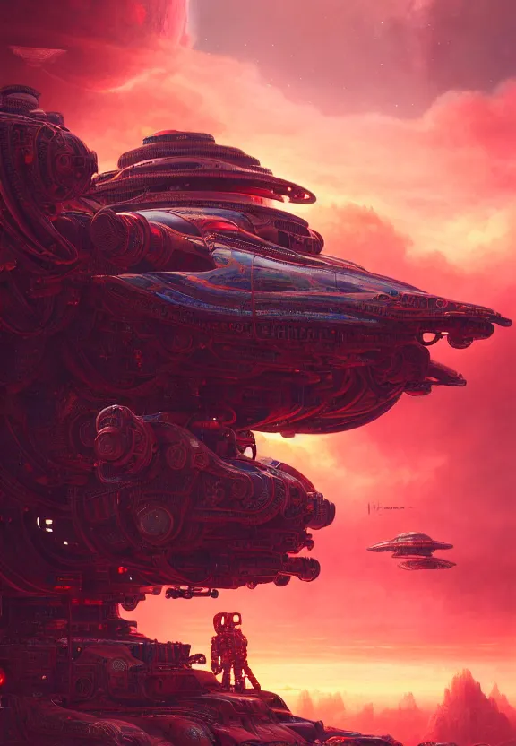 Prompt: ultra realist intricate detailed landscape painting of an alien world, red sky with mech buildings and cyborg tech, symmetry accurate features, very intricate details, bokeh focus, 8k render, artstyle Hiraku Tanaka and Tom Bagshaw, award winning