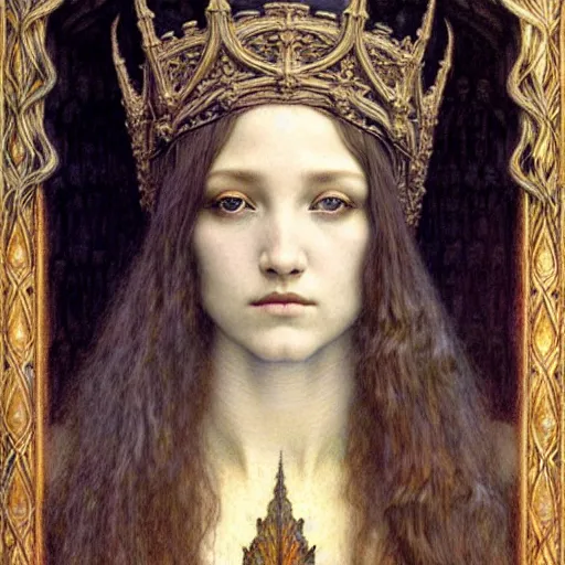 Image similar to detailed realistic beautiful young medieval queen face portrait by jean delville, gustave dore and marco mazzoni, art nouveau, symbolist, visionary, gothic, pre - raphaelite. horizontal symmetry