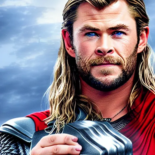 Image similar to chris hemsworth as thor is holding a duck, highly detailed, realistic face, 4k, hd