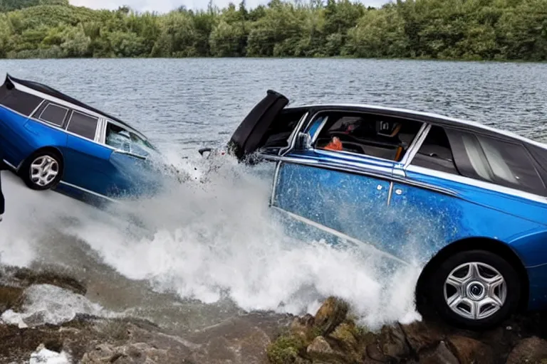 Image similar to Teenagers push Rolls-Royce into lake with their hands from a small slide wanting to drown him