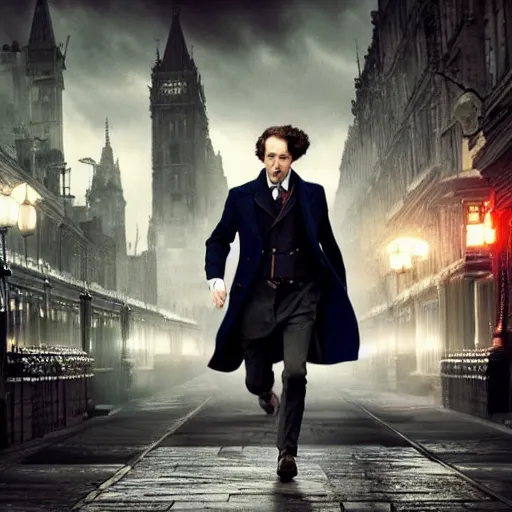 Image similar to [UHD candid photo of Sherlock Holmes running down the streets of futuristic steampunk London, correct face, accurate details, graphic detail, sharp focus by Annie Leibowitz]