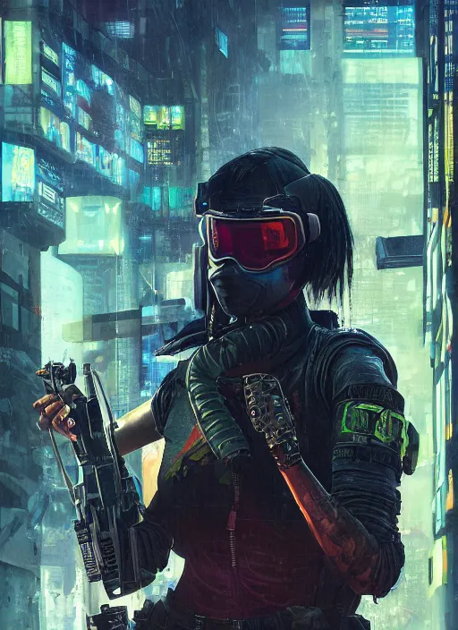 Image similar to Ela. Cyberpunk mercenary in tactical gear infiltrating corporate mainframe. rb6s, (Cyberpunk 2077), blade runner 2049, (matrix) Concept art by James Gurney, Craig Mullins and Alphonso Mucha. painting with Vivid color.