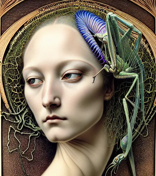 Image similar to detailed realistic beautiful mantis goddess face portrait by jean delville, gustave dore, iris van herpen and marco mazzoni, art forms of nature by ernst haeckel, art nouveau, symbolist, visionary, gothic, neo - gothic, pre - raphaelite, fractal lace, intricate alien botanicals, ai biodiversity, surreality, hyperdetailed ultrasharp octane render