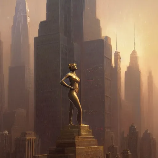 Image similar to a bronze statue stands as the centerpiece of futuristic art deco new york city, fantasy, intricate, elegant, digital painting, trending on artstation, concept art, sharp focus, illustration by greg rutkowski, Gaston Bussiere and artgerm, 4k.