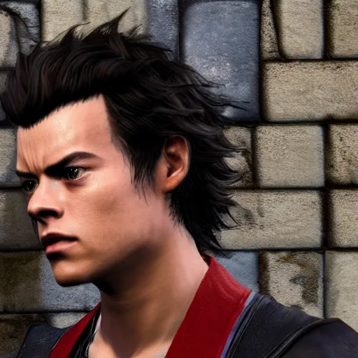 Image similar to a videogame still of Harry Styles in Tekken 7, portrait, 40mm lens, shallow depth of field, close up, split lighting, cinematic