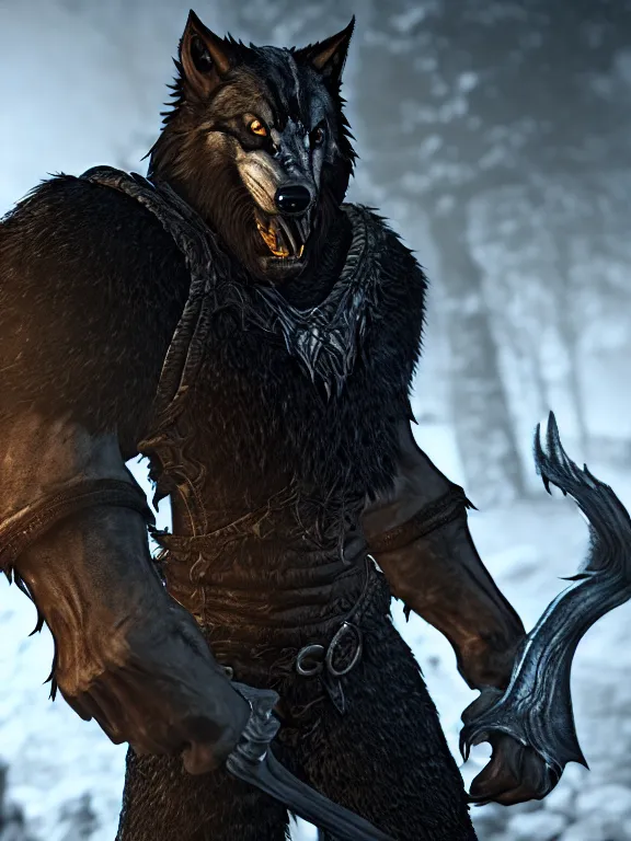 Image similar to cute handsome cuddly burly surly werewolf from van helsing unreal engine hyperreallistic render 8k character concept art masterpiece screenshot from the video game the Elder Scrolls V: Skyrim