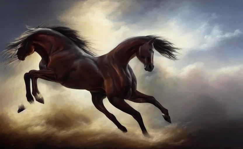 Image similar to a beautiful oil painting of a proud galloping horse. wide angle, fantasy art, heroic lighting, very very very beautiful raytraced rendering, fog, finger of god, amazing wallpaper