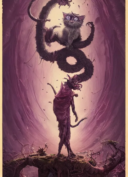 Prompt: cheshire cat the magician tarot card, highly detailed, cinematic, 8 k, by stanley artgermm, tom bagshaw, greg rutkowski, carne griffiths, ayami kojima, beksinski, giger, trending on deviantart, hyper detailed, horror, full of colour