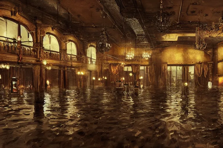 Prompt: steampunk ballroom flooding, wide shot, cinematic, realistic painting