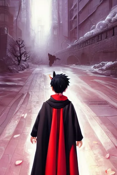 Image similar to little boy with cat ears in an black outfit with red cape. digital artwork made by lois van baarle and kentaro miura and marc simonetti and rhads, sharpness focus, inspired by hirohiko araki, anatomically correct, heroic composition, hero pose, smooth, dark city