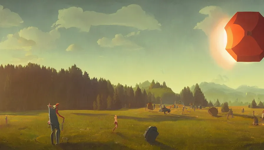 Prompt: giant hexagon in the sky in front of the sun, simon stalenhag