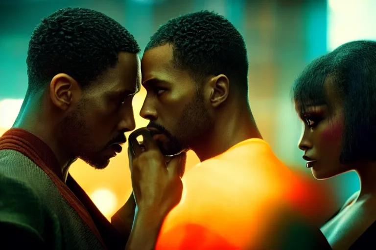 Image similar to film still of closeup beautiful jamaican models couple closeup in blade runner 2 0 4 9, cinematic, moody, gritty neon noir by emmanuel lubezki