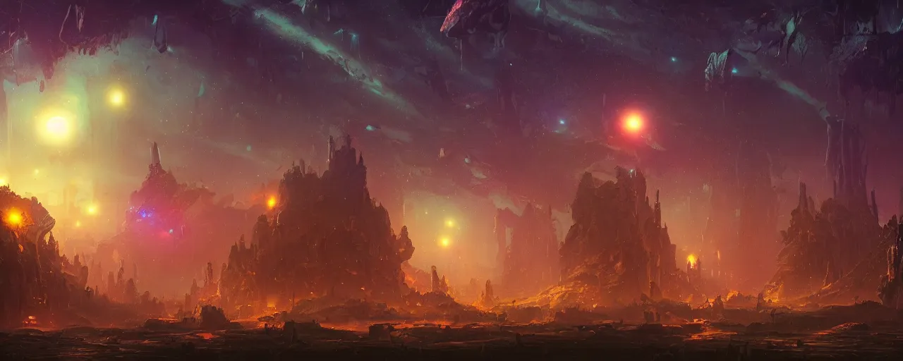 Image similar to ” otherwordly landscape at night, [ bioluminescense, cinematic, detailed, epic, widescreen, opening, establishing, mattepainting, photorealistic, realistic textures, octane render, art by slop and paul lehr ] ”