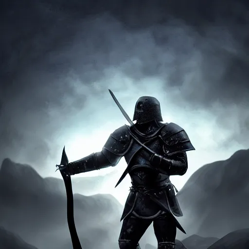 Image similar to Silhouette of a male warrior wearing knight armor holding a sword and shield, facing away towards a mountain in the distance, digital art, digital painting, matte painting, very beautiful, atmospheric dramatic lighting, highly detailed, fantasy artwork, dnd