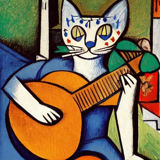 Prompt: cat with lute, sitting in the rose garden, medieval portrait, low poly, by picasso, close up