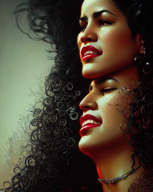 Prompt: selena quintanilla perez, character portrait, portrait, close up, concept art, intricate details, highly detailed by greg rutkowski, michael whelan and gustave dore