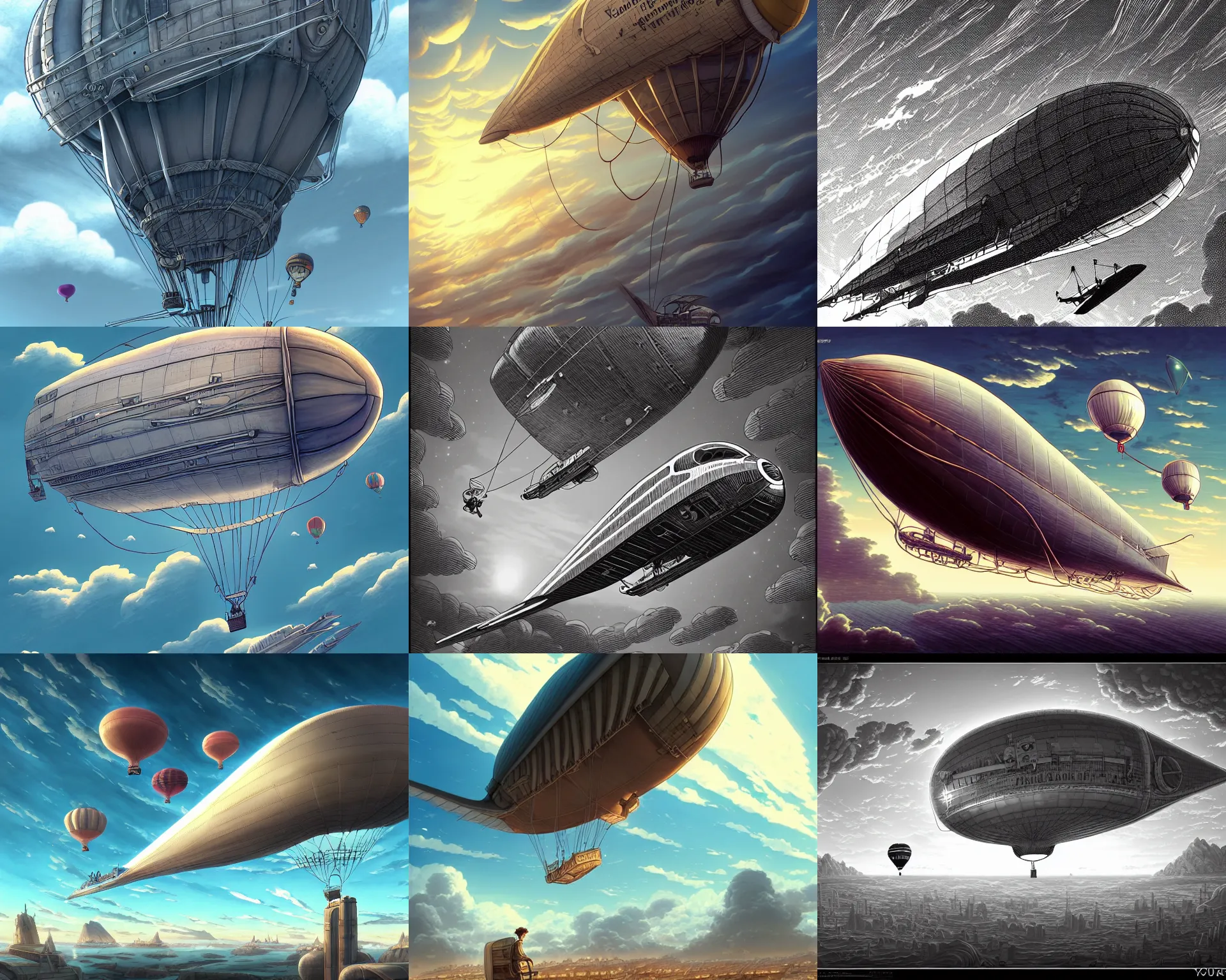 Prompt: this is an airship drawn by a computer. i love the airship, the drawing, and the balloon boy. by dan mumford, yusuke murata, makoto shinkai, ross tran, cosmic, heavenly, god rays, intricate detail, cinematic, cel shaded, unreal engine, featured on artstation, pixiv