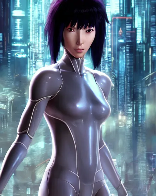 Image similar to weta disney pixar movie still portrait photo of motoko kusanagi ghost in the shell : : as cyborg woman by pixar : : by weta, wlop, ilya kuvshinov, rossdraws, artgerm, marvel, maxim cover, latex, octane render, sweaty, iridescent, bright morning, anime, liosh, mucha : :