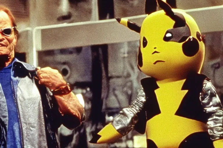 Image similar to Jack Nicholson plays Terminator Pikachu, scene where his endoskeleton gets exposed, still from the film