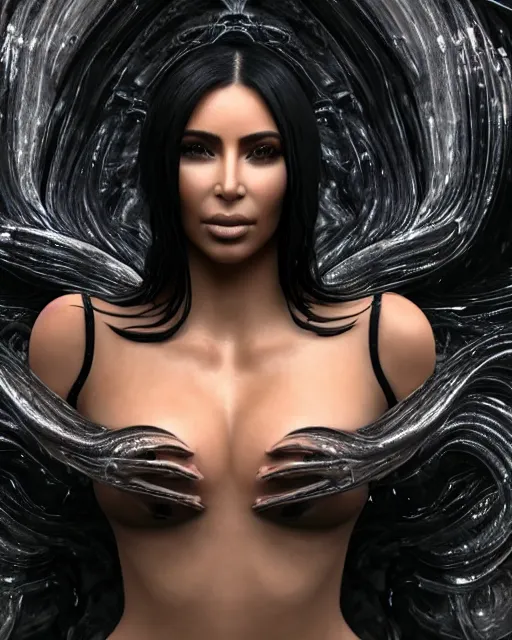 Prompt: epic full - ov - shot still of kim kardashian unconscious wearing a black lace dress in a transparent alien liquid, wet flowing hair, gooey skin, illustration, unreal engine 5, 8 k, made by h. r. giger.
