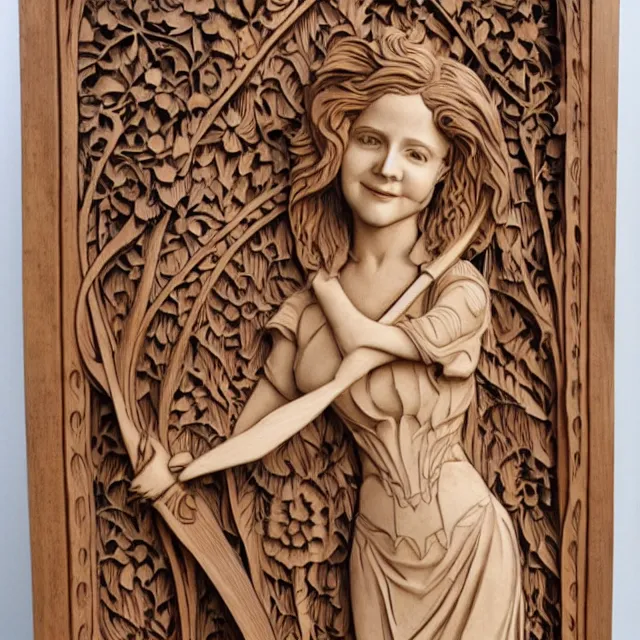 Image similar to a 3 d bas - relief wooden art nouveau carved sculpture of a young molly ringwald with long hair blowing in the wind, in front of a delicate tracery pattern, intricate and highly detailed, well - lit, ornate, realistic