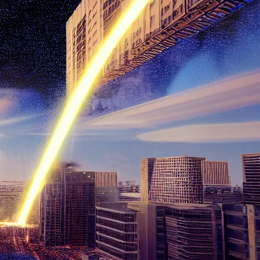 Prompt: building being destroyed by laser strike from the sky, 4k render, viewed from a distance