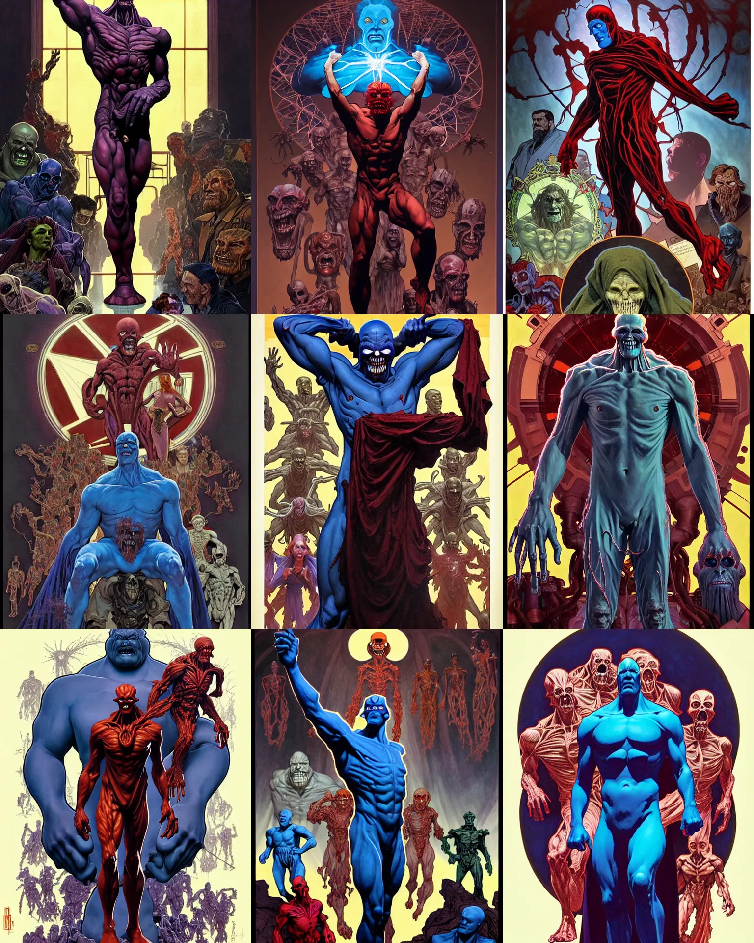 Prompt: the platonic ideal of soviet propaganda of cletus kasady ultimate carnage thanos dementor doctor manhattan chtulu nazgul, detailed, intricate, hyperrealism, intense, scary, decay, dmt, art by brock hofer and artgerm and greg rutkowski and alphonse mucha