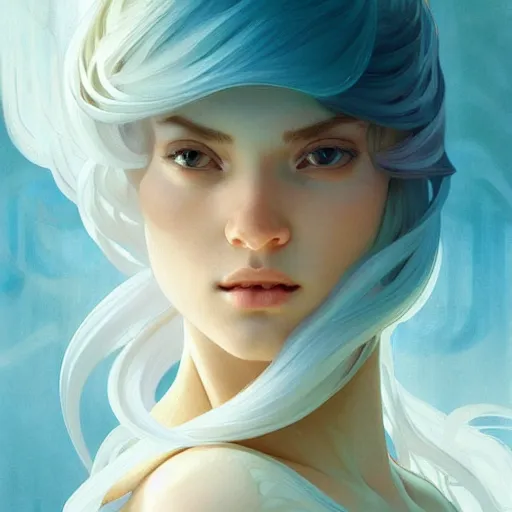 Prompt: Harmony is a hue created with swirls of white gouache, hopeful cerulean, and a daub of joy orange, intricate, highly detailed, digital painting, artstation, concept art, smooth, sharp focus, illustration, Unreal Engine 5, 8K, art by artgerm and greg rutkowski and alphonse mucha