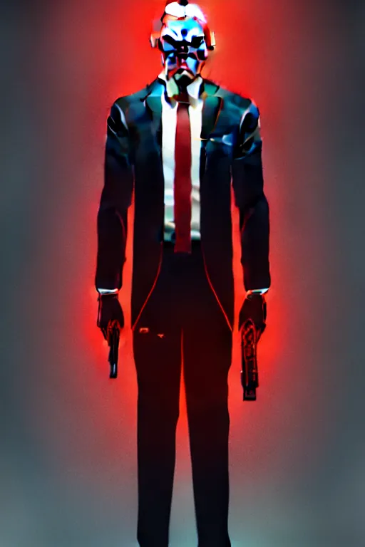 Image similar to an intricate and expressive full body portrait of agent 4 7 from hitman in a research lab full of clones, dark background, red rim light, highly detailed, digital art, artstation, concept art by giger stalenhag
