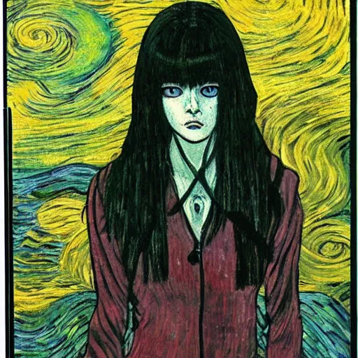 Image similar to tomie originally by junji ito instead in the style of vincent van gogh, oil on canvas